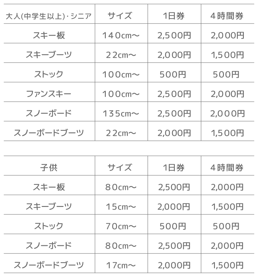 スキー・スノーボード単品料金