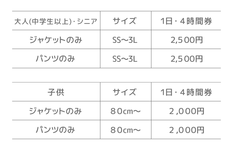 ウェア単品料金
